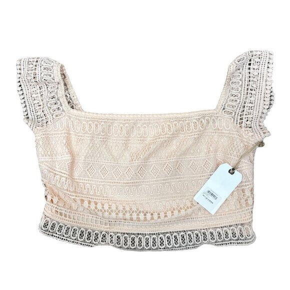 Leith Size XL Off-Shoulder Ivory Stretch Pink Scallop Lace Crop Top NWT - Picture 2 of 6